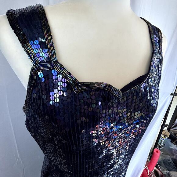Expressions size 10 sequin Blue Dress women silk Night Out sleeveless top - Picture 3 of 10